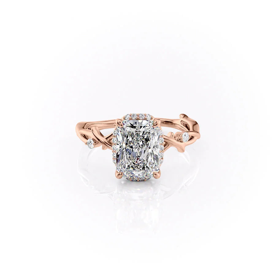 The Halo Twig. A Rose Gold Nature Engagement Ring Set With A 2ct Radiant Lab Grown Diamond. White Background.