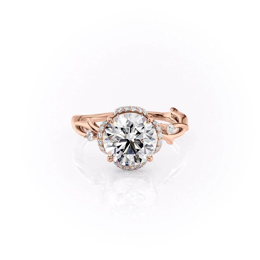 The Halo Twig. A Rose Gold Nature Engagement Ring Set With A 2ct Round Lab Grown Diamond. White Background.