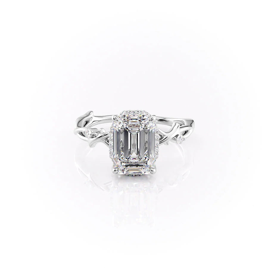 The Halo Twig. A White Gold Nature Engagement Ring Set With A 2ct Emerald Lab Grown Diamond. White Background.