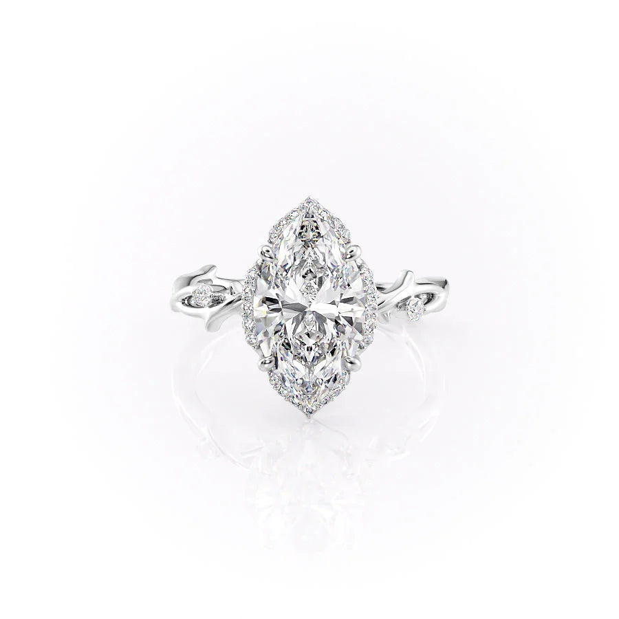 The Halo Twig. A White Gold Nature Engagement Ring Set With A 2ct Marquise Lab Grown Diamond. White Background.