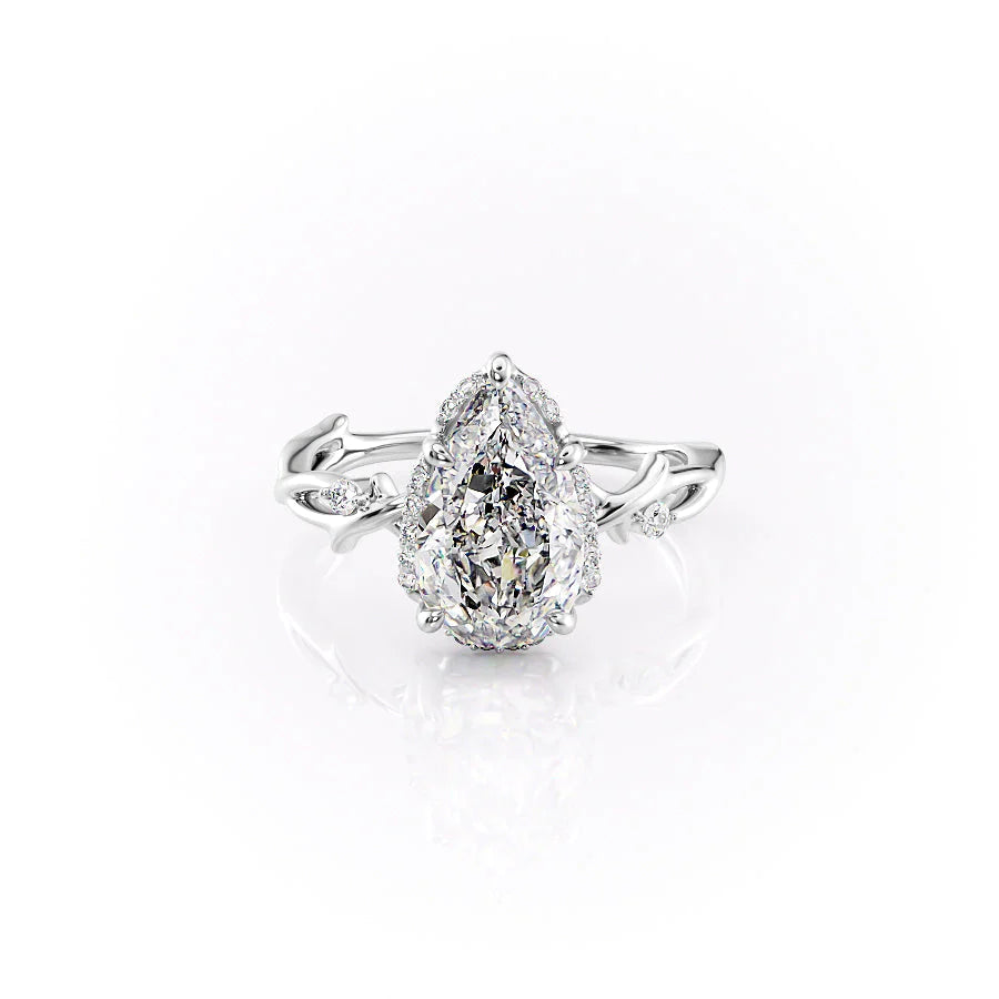 The Halo Twig. A White Gold Nature Engagement Ring Set With A 2ct Pear Lab Grown Diamond. White Background.