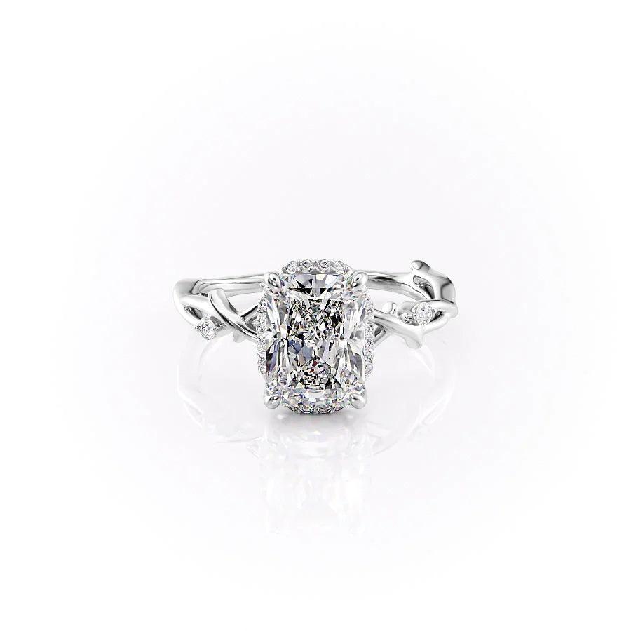 The Halo Twig. A White Gold Nature Engagement Ring Set With A 2ct Radiant Lab Grown Diamond. White Background.