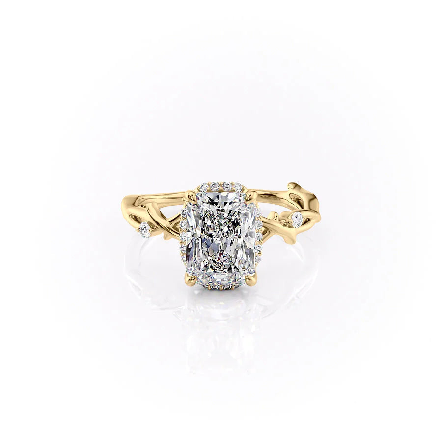 The Halo Twig. A Yellow Gold Nature Engagement Ring Set With A 2ct Radiant Lab Grown Diamond. White Background.