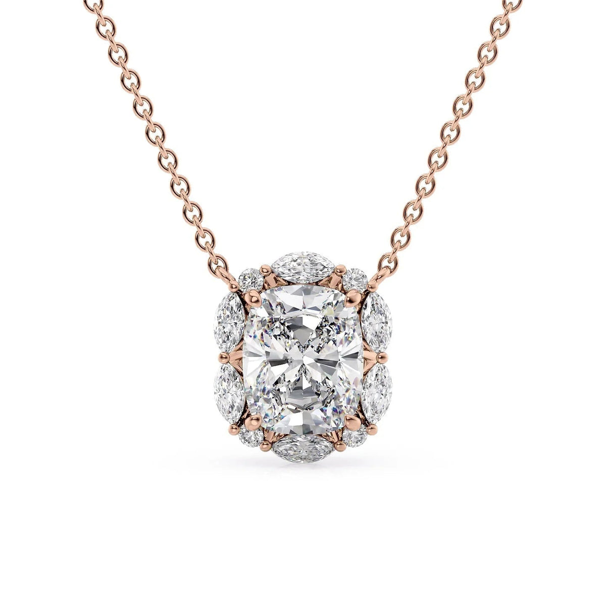 The Harper. A Rose Gold Pendant Set With A 2ct Elongated Cushion Lab Grown Diamond. White Background.