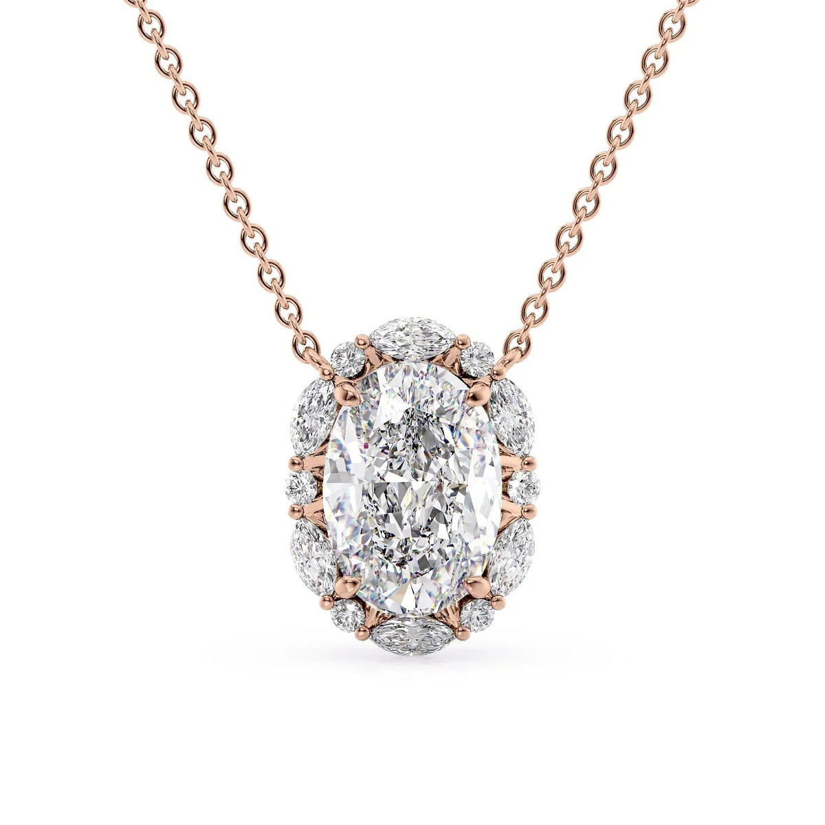 The Harper. A Rose Gold Pendant Set With A 2ct Oval Lab Grown Diamond. White Background.