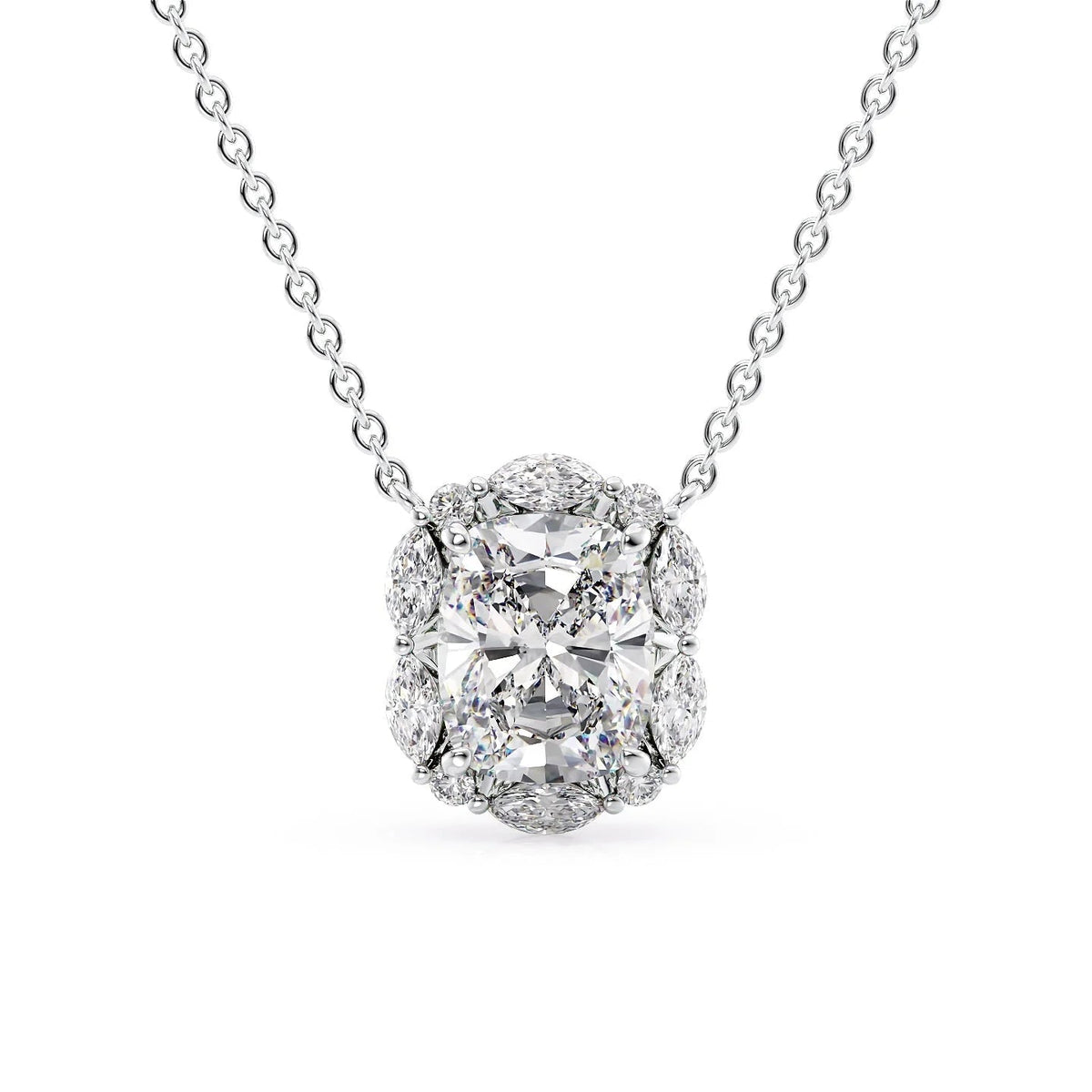 The Harper. A White Gold Pendant Set With A 2ct Elongated Cushion Lab Grown Diamond. White Background.