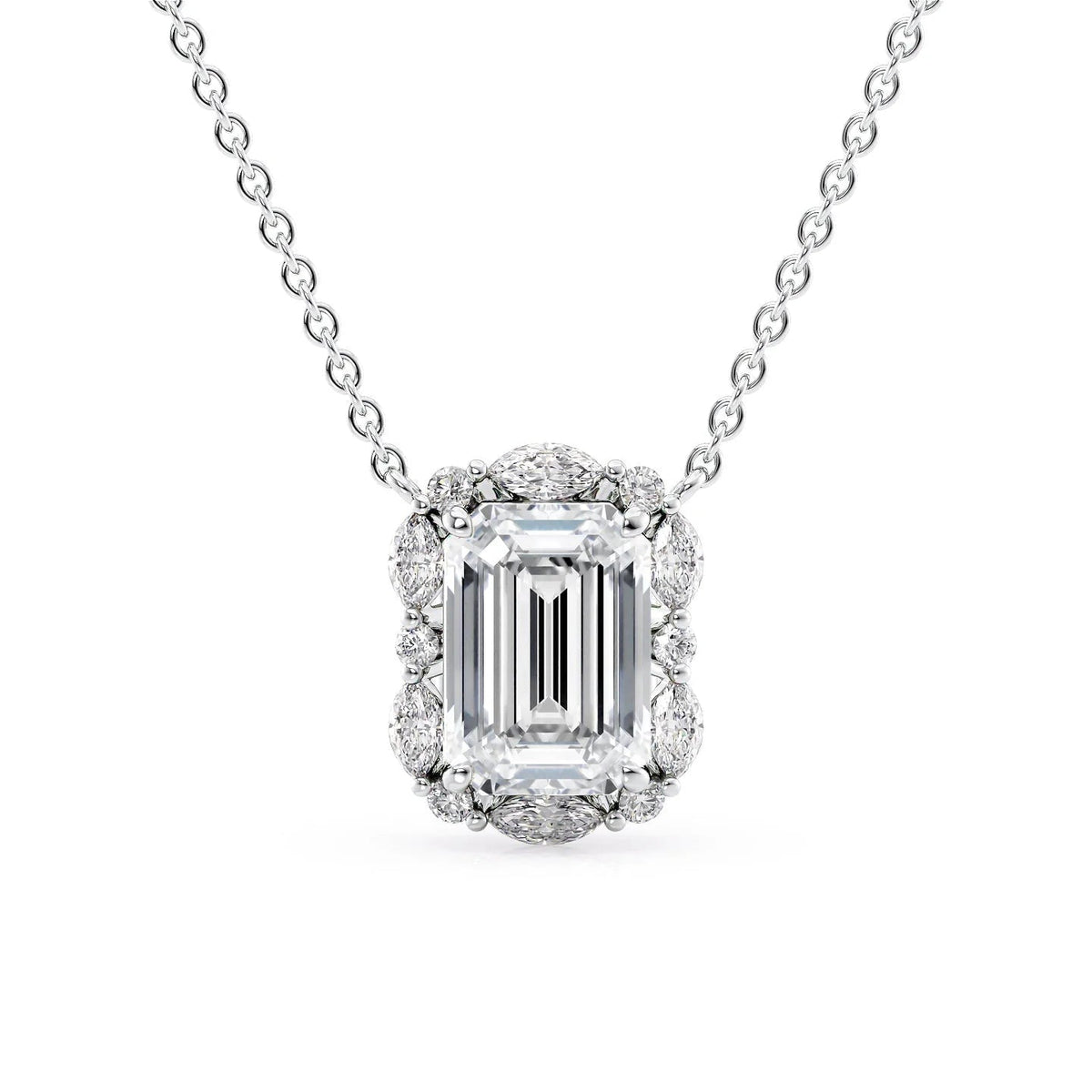The Harper. A White Gold Pendant Set With A 2ct Emerald Lab Grown Diamond. White Background.