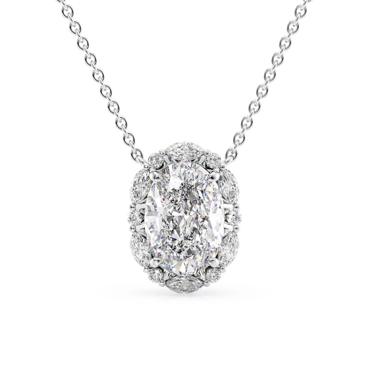 The Harper. A White Gold Pendant Set With A 2ct Oval Lab Grown Diamond. White Background.