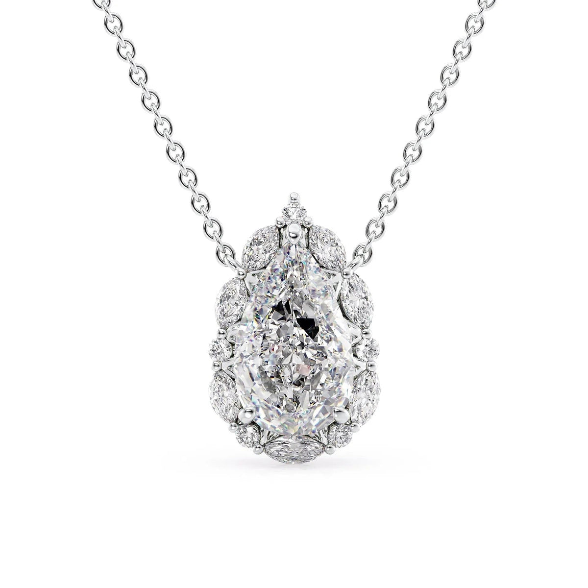 The Harper. A White Gold Pendant Set With A 2ct Pear Lab Grown Diamond. White Background.