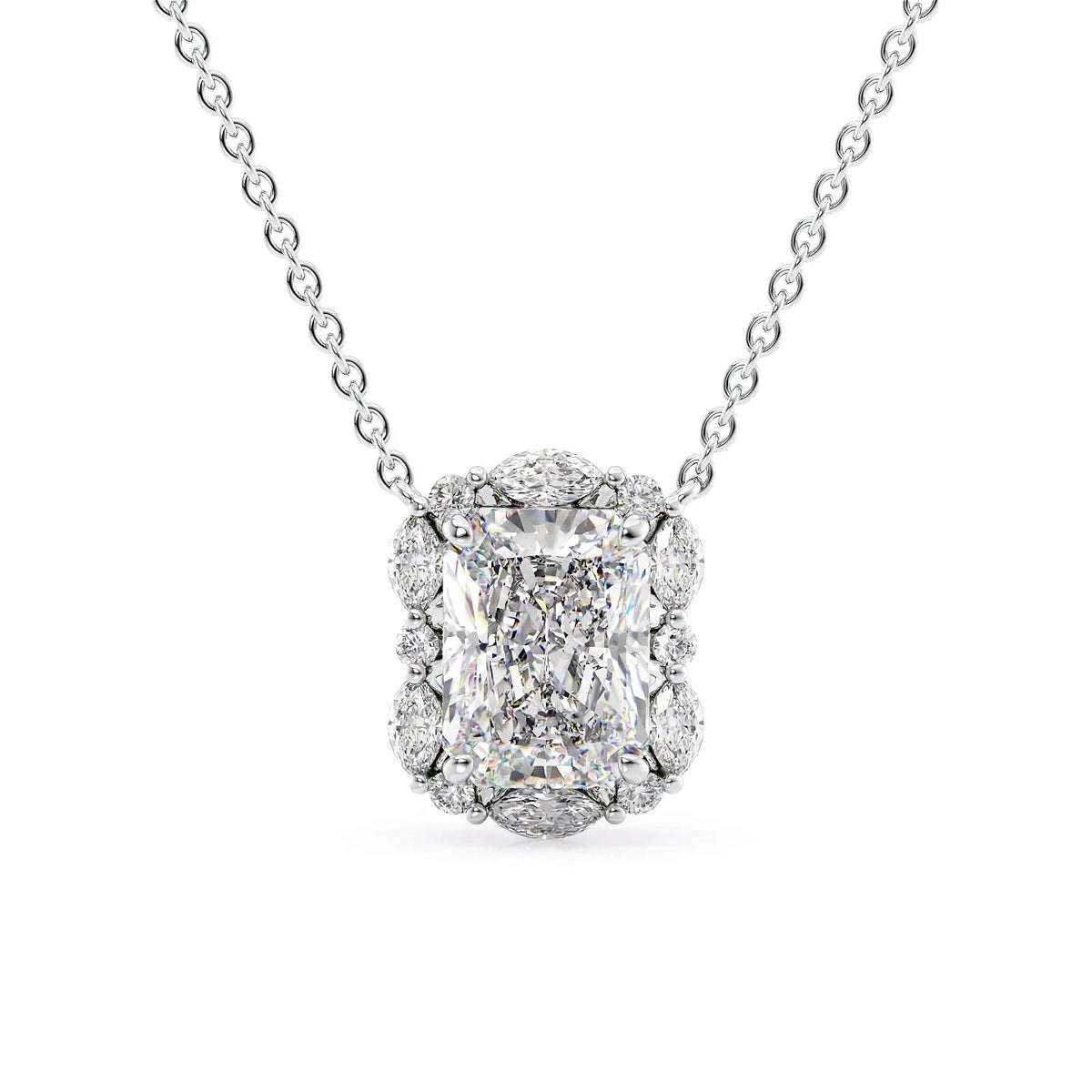 The Harper. A White Gold Pendant Set With A 2ct Radiant Lab Grown Diamond. White Background.