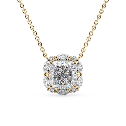 The Harper. A Yellow Gold Pendant Set With A 2ct Cushion Lab Grown Diamond. White Background.