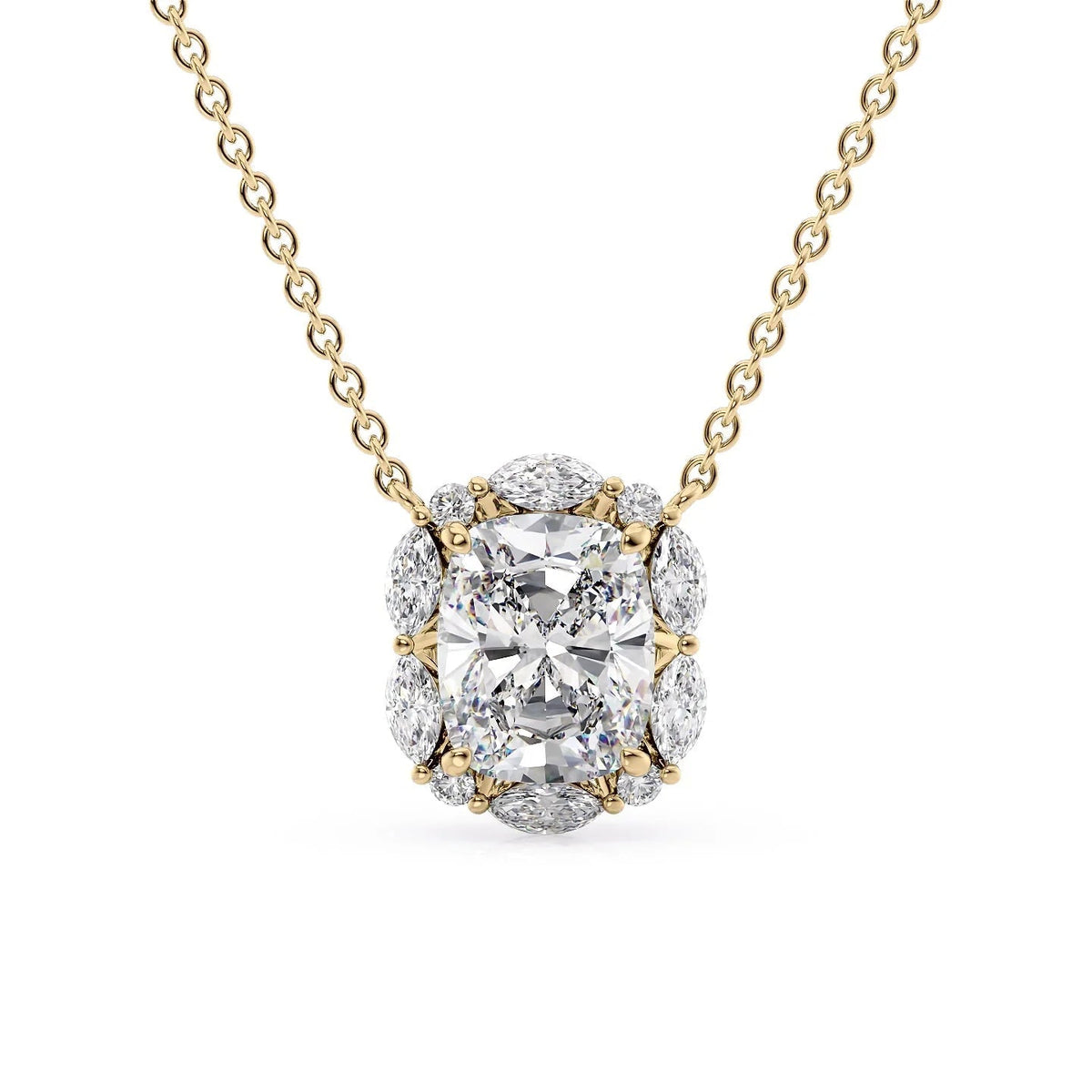 The Harper. A Yellow Gold Pendant Set With A 2ct Elongated Cushion Lab Grown Diamond. White Background.