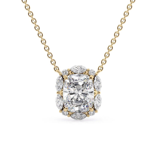 The Harper. A Yellow Gold Pendant Set With A 2ct Elongated Cushion Lab Grown Diamond. White Background.