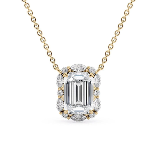 The Harper. A Yellow Gold Pendant Set With A 2ct Emerald Lab Grown Diamond. White Background.