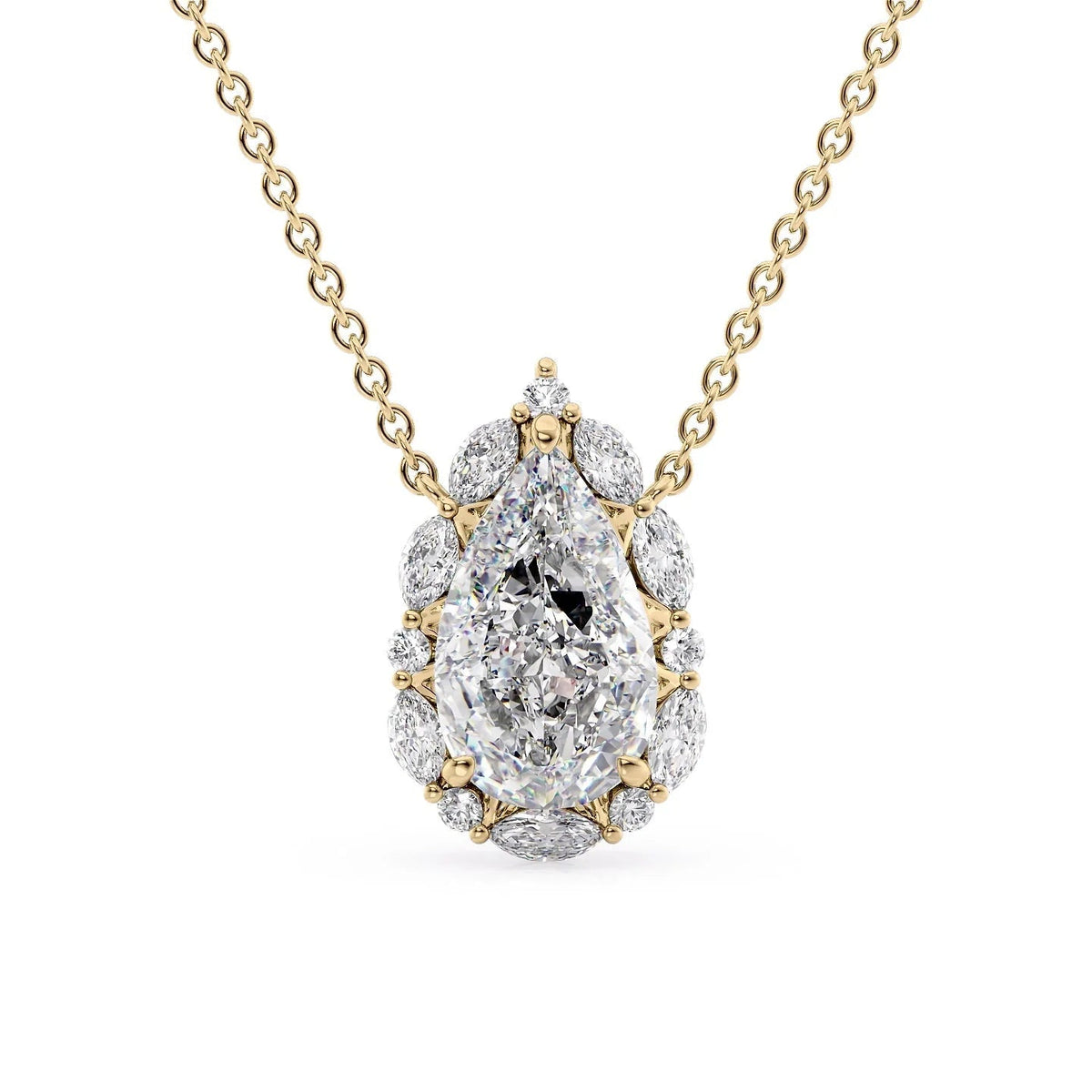 The Harper. A Yellow Gold Pendant Set With A 2ct Pear Lab Grown Diamond. White Background.