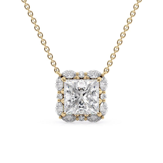 The Harper. A Yellow Gold Pendant Set With A 2ct Princess Lab Grown Diamond. White Background.