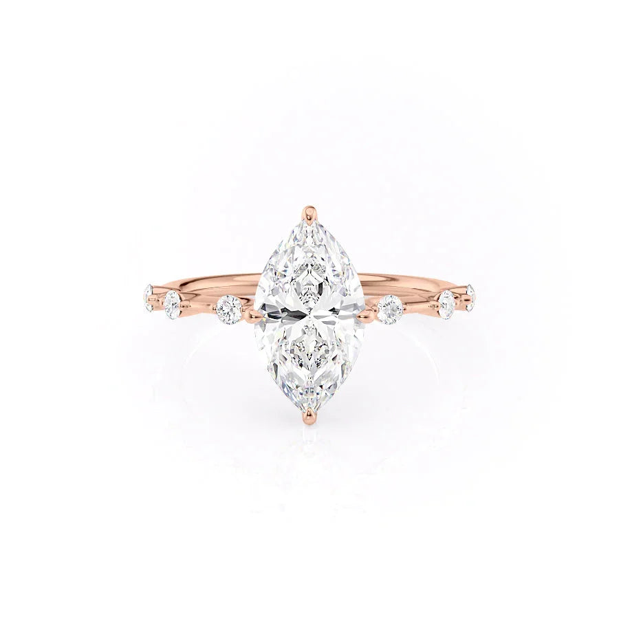 The Hidden Halo Penelope. A Rose Gold Side Stones Engagement Ring Set With A 2ct Marquise Lab Grown Diamond. White Background.