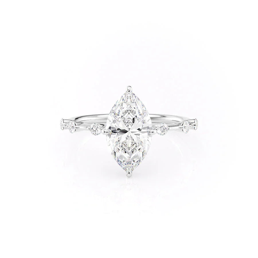 The Hidden Halo Penelope. A White Gold Side Stones Engagement Ring Set With A 2ct Marquise Lab Grown Diamond. White Background.