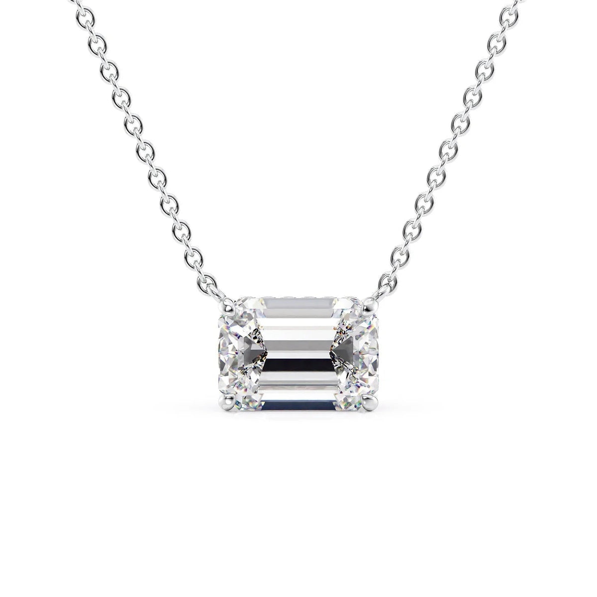 The Hidden Halo Riley. A White Gold Pendant Set With A 2ct Emerald Lab Grown Diamond. White Background.