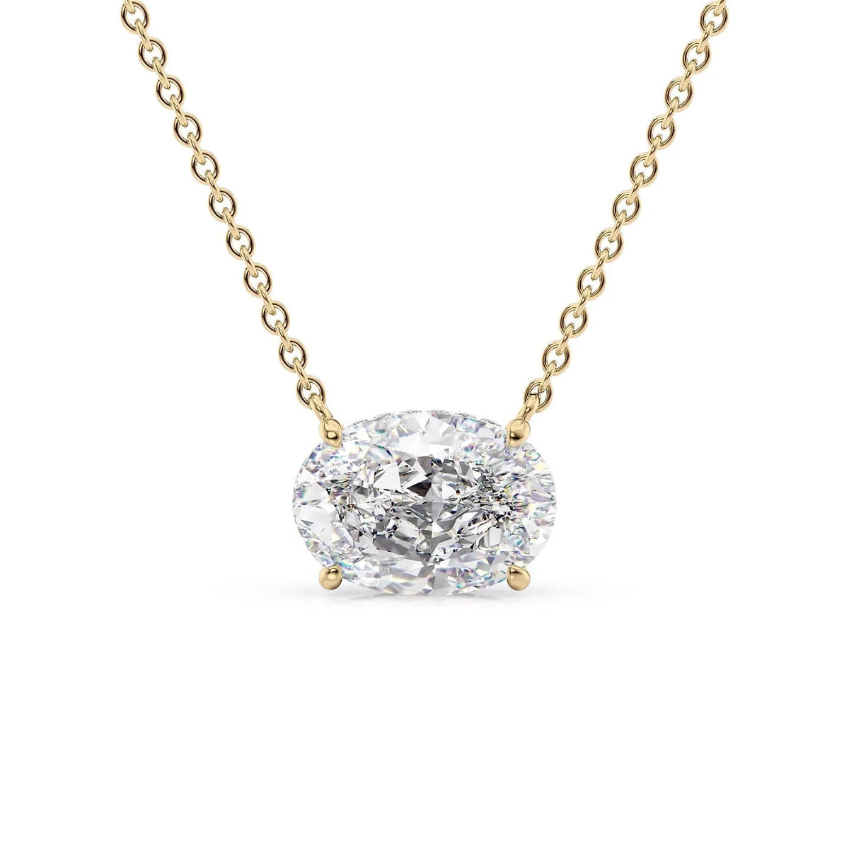 The Hidden Halo Riley. A Yellow Gold Pendant Set With A 2ct Oval Lab Grown Diamond. White Background.