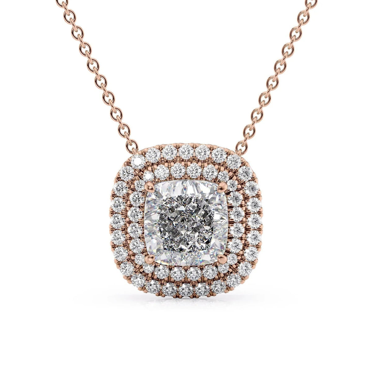 The Isabella. A Rose Gold Pendant Set With A 2ct Cushion Lab Grown Diamond. White Background.