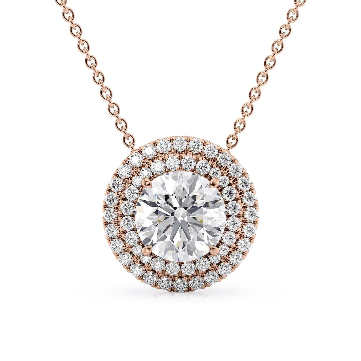 The Isabella. A Rose Gold Pendant Set With A 2ct Round Lab Grown Diamond. White Background.