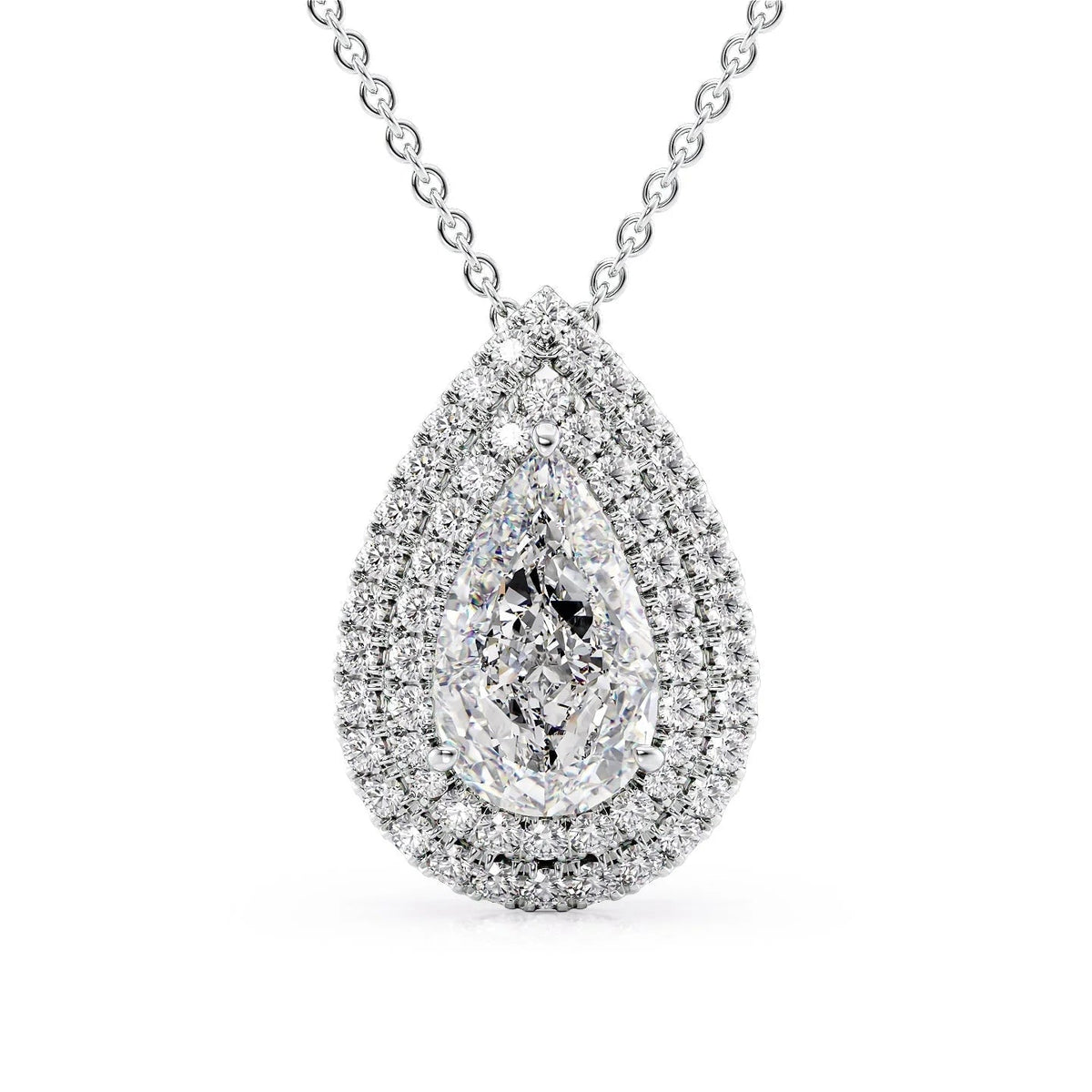 The Isabella. A White Gold Pendant Set With A 2ct Pear Lab Grown Diamond. White Background.