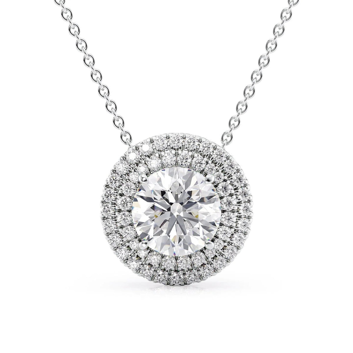 The Isabella. A White Gold Pendant Set With A 2ct Round Lab Grown Diamond. White Background.