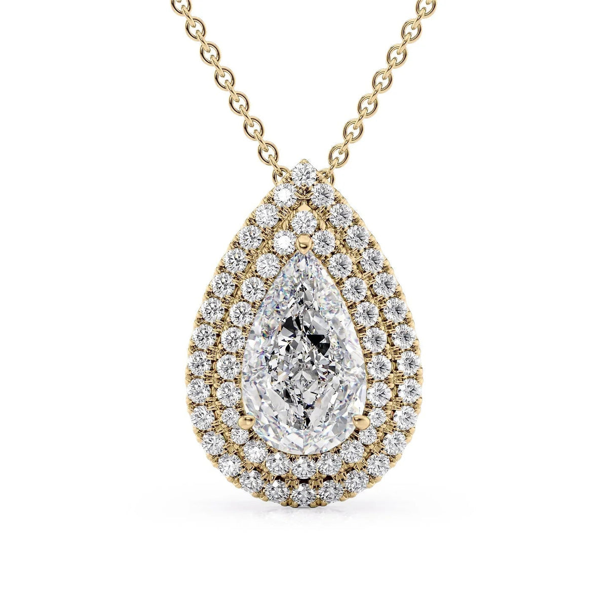The Isabella. A Yellow Gold Pendant Set With A 2ct Pear Lab Grown Diamond. White Background.