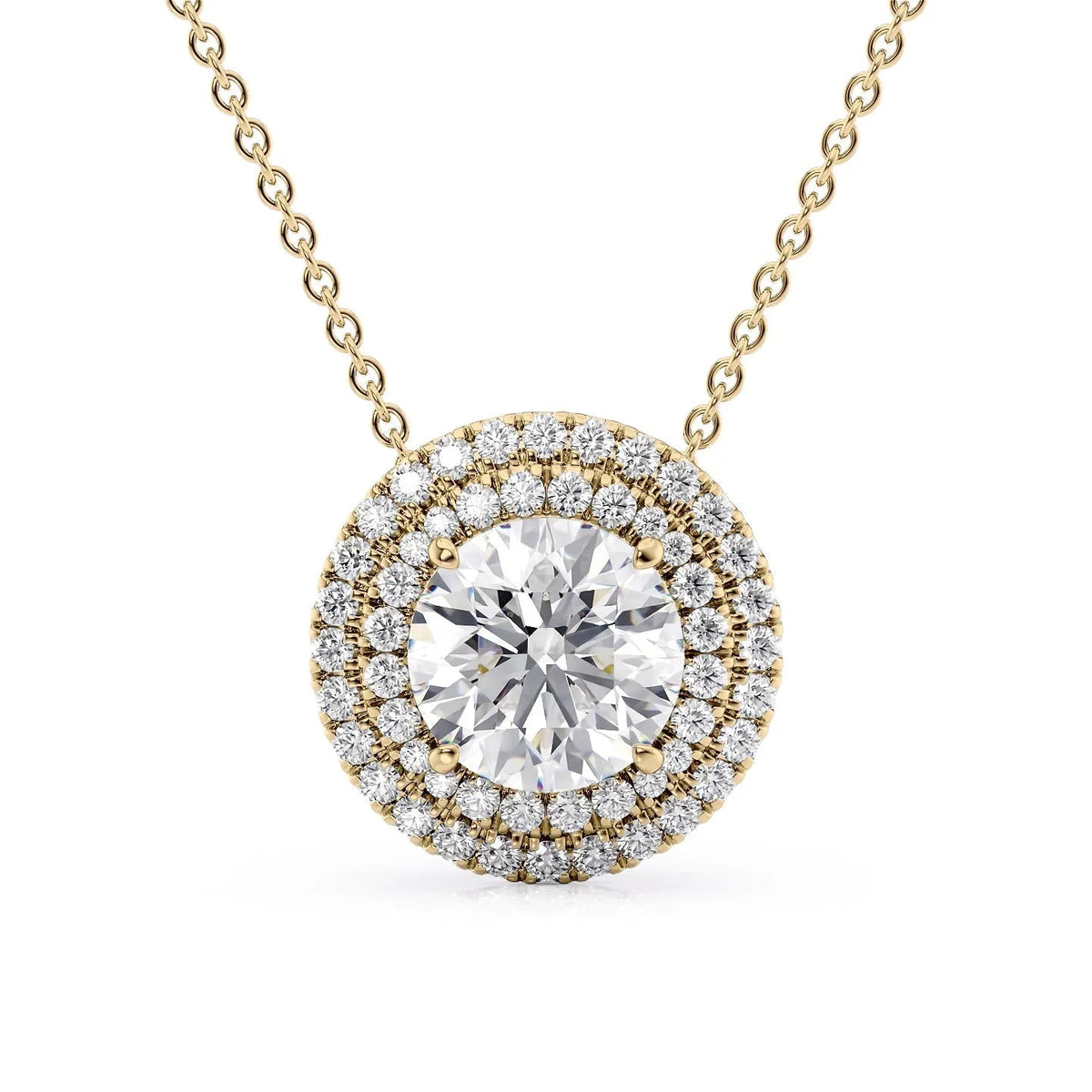 The Isabella. A Yellow Gold Pendant Set With A 2ct Round Lab Grown Diamond. White Background.