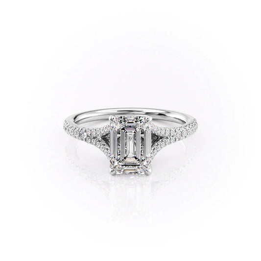 The Jade. A White Gold Pave Engagement Ring Set With A 2ct Emerald Lab Grown Diamond. White Background.
