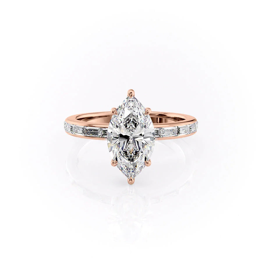 The Jennifer. A Rose Gold Channel-Set, Side Stones, Hidden Halo Engagement Ring Set With A 2ct Marquise Lab Grown Diamond. White Background.