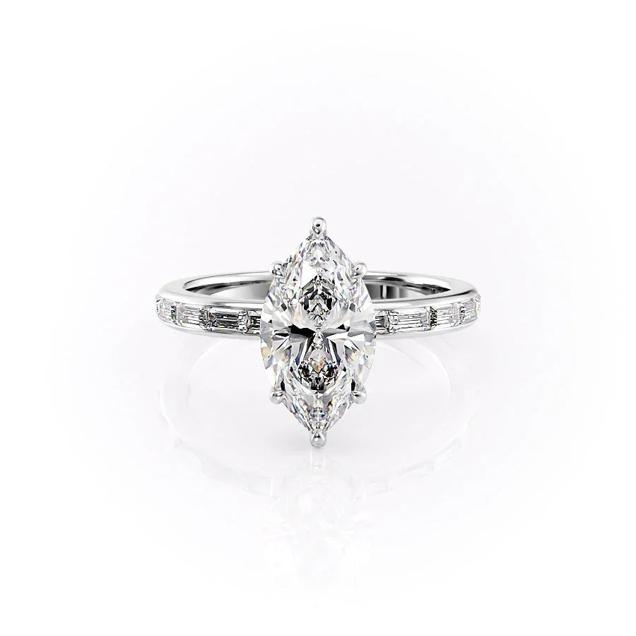 The Jennifer. A White Gold Channel-Set, Side Stones, Hidden Halo Engagement Ring Set With A 2ct Marquise Lab Grown Diamond. White Background.