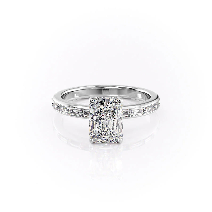 The Jennifer. A White Gold Channel-Set, Side Stones, Hidden Halo Engagement Ring Set With A 2ct Radiant Lab Grown Diamond. White Background.