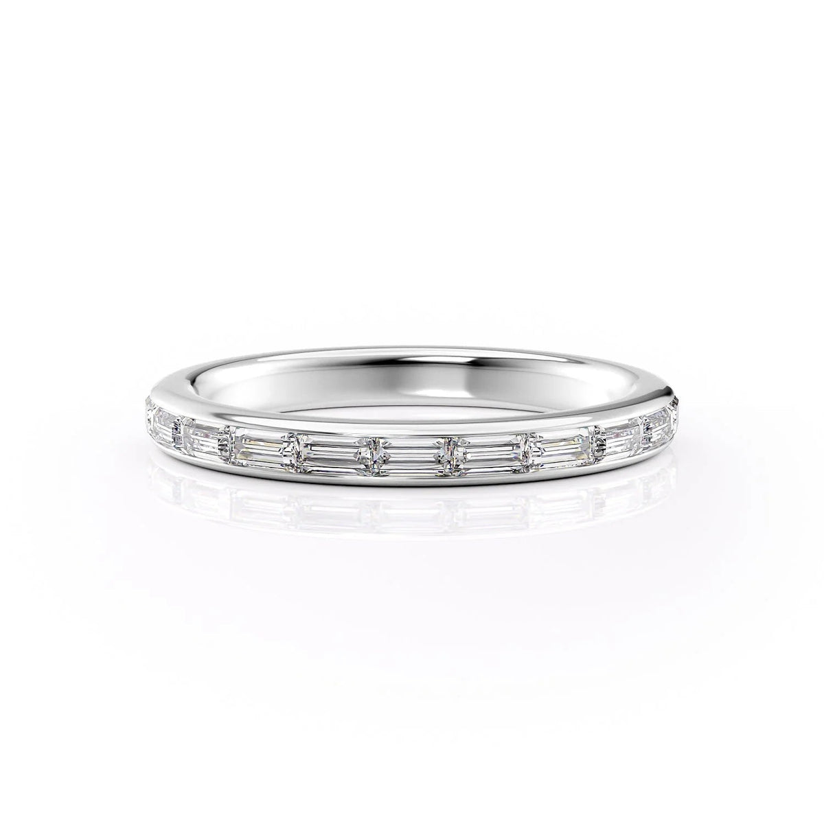The Jennifer. A White Gold Pave Wedding Band Set With 0.5tcw Baguette Lab Grown Diamonds. White Background.
