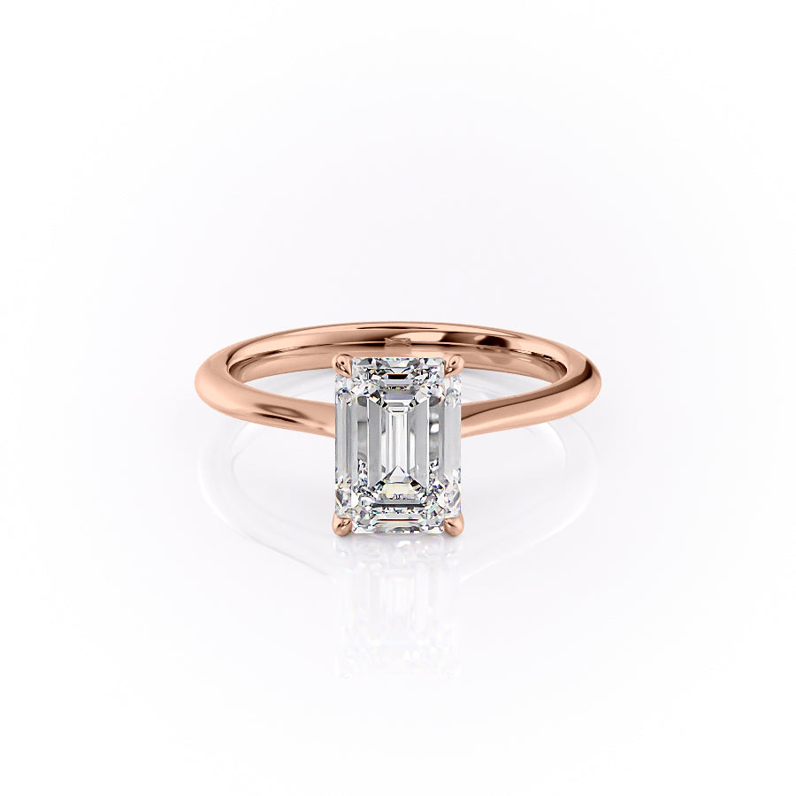 The Katelyn. A Rose Gold Solitaire Engagement Ring Set With A 2ct Emerald Lab Grown Diamond. White Background.