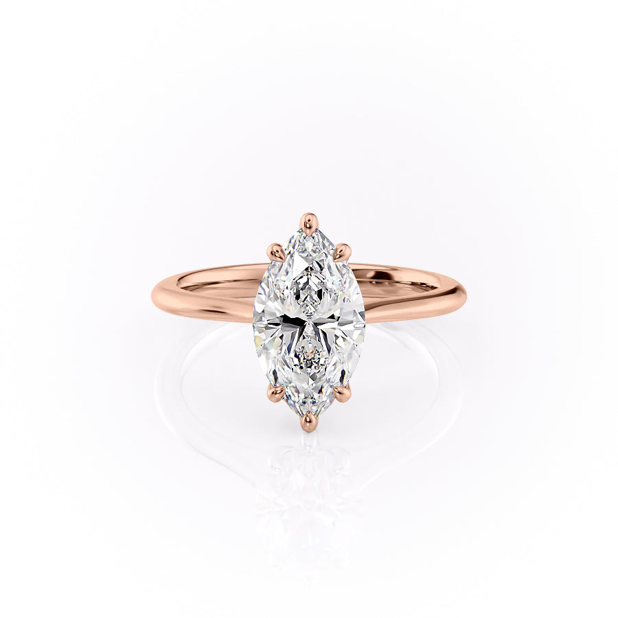 The Katelyn. A Rose Gold Solitaire Engagement Ring Set With A 2ct Marquise Lab Grown Diamond. White Background.