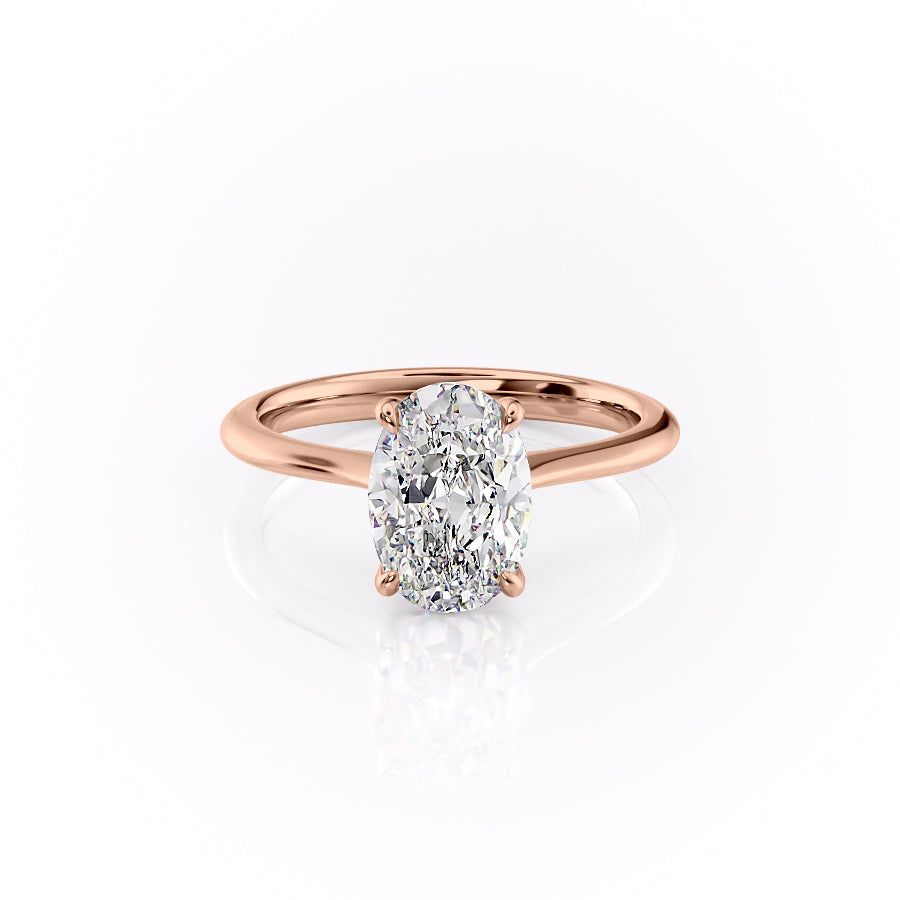 The Katelyn. A Rose Gold Solitaire Engagement Ring Set With A 2ct Oval Lab Grown Diamond. White Background.