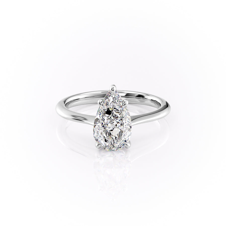 The Katelyn. A White Gold Solitaire Engagement Ring Set With A 2ct Pear Lab Grown Diamond. White Background.