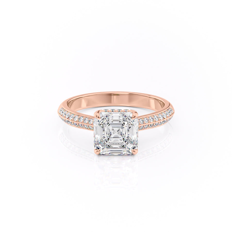 The Kayla. A Rose Gold Pave, Hidden Halo Engagement Ring Set With A 2ct Asscher Lab Grown Diamond. White Background.