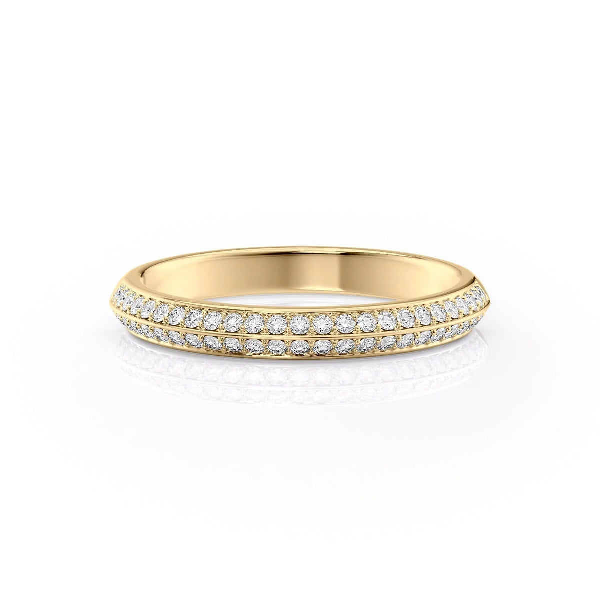 The Kayla. A Yellow Gold Pave Wedding Band Set With 0.25tcw Round Lab Grown Diamonds. White Background.