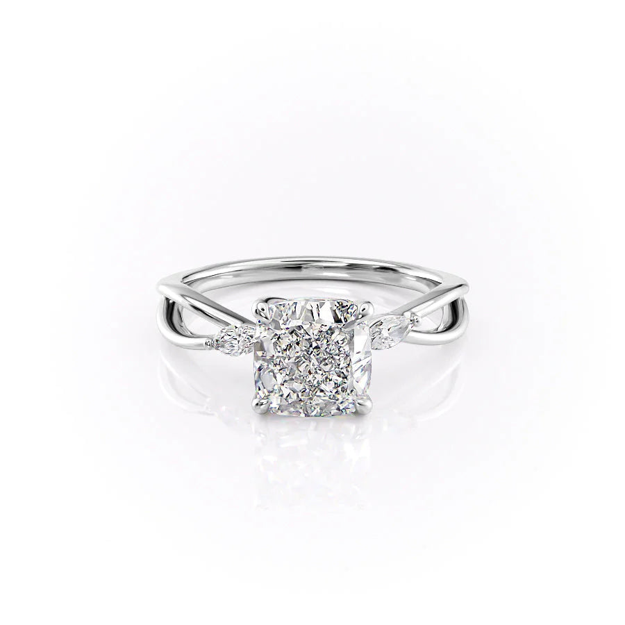 The Kelsey. A White Gold Side Stones Engagement Ring Set With A 2ct Cushion Lab Grown Diamond. White Background.
