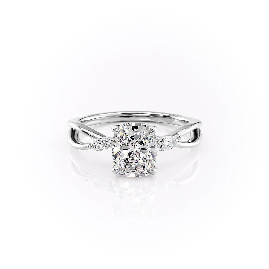 The Kelsey. A White Gold Side Stones Engagement Ring Set With A 2ct Elongated Cushion Lab Grown Diamond. White Background.