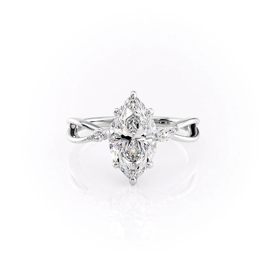 The Kelsey. A White Gold Side Stones Engagement Ring Set With A 2ct Marquise Lab Grown Diamond. White Background.
