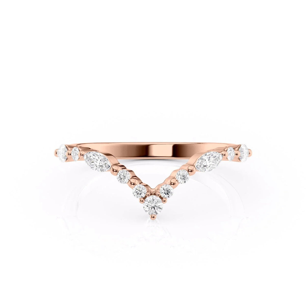 The Kristen. A Rose Gold Prong Wedding Band Set With 0.25tcw Round Lab Grown Diamonds. White Background.