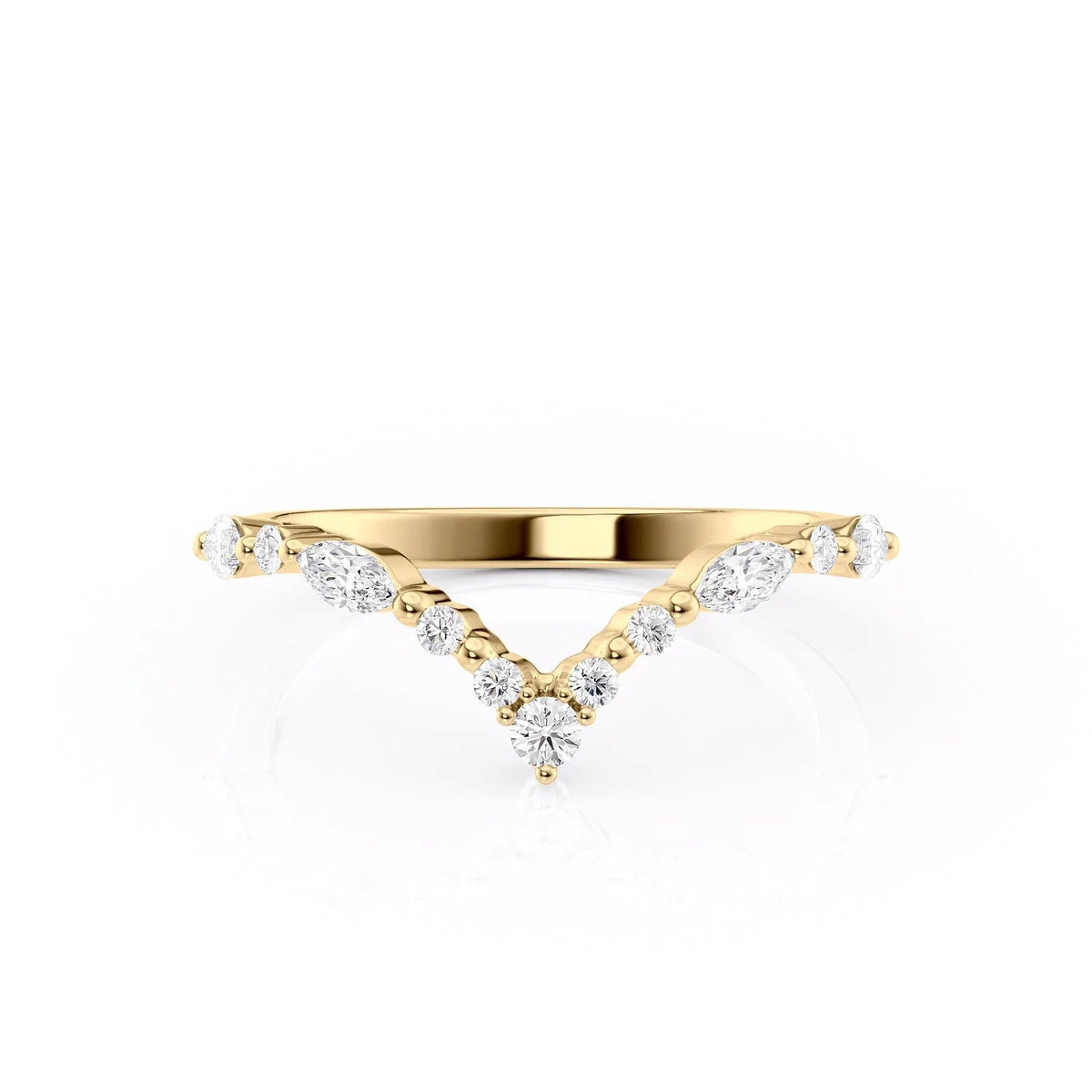 The Kristen. A Yellow Gold Prong Wedding Band Set With 0.25tcw Round Lab Grown Diamonds. White Background.