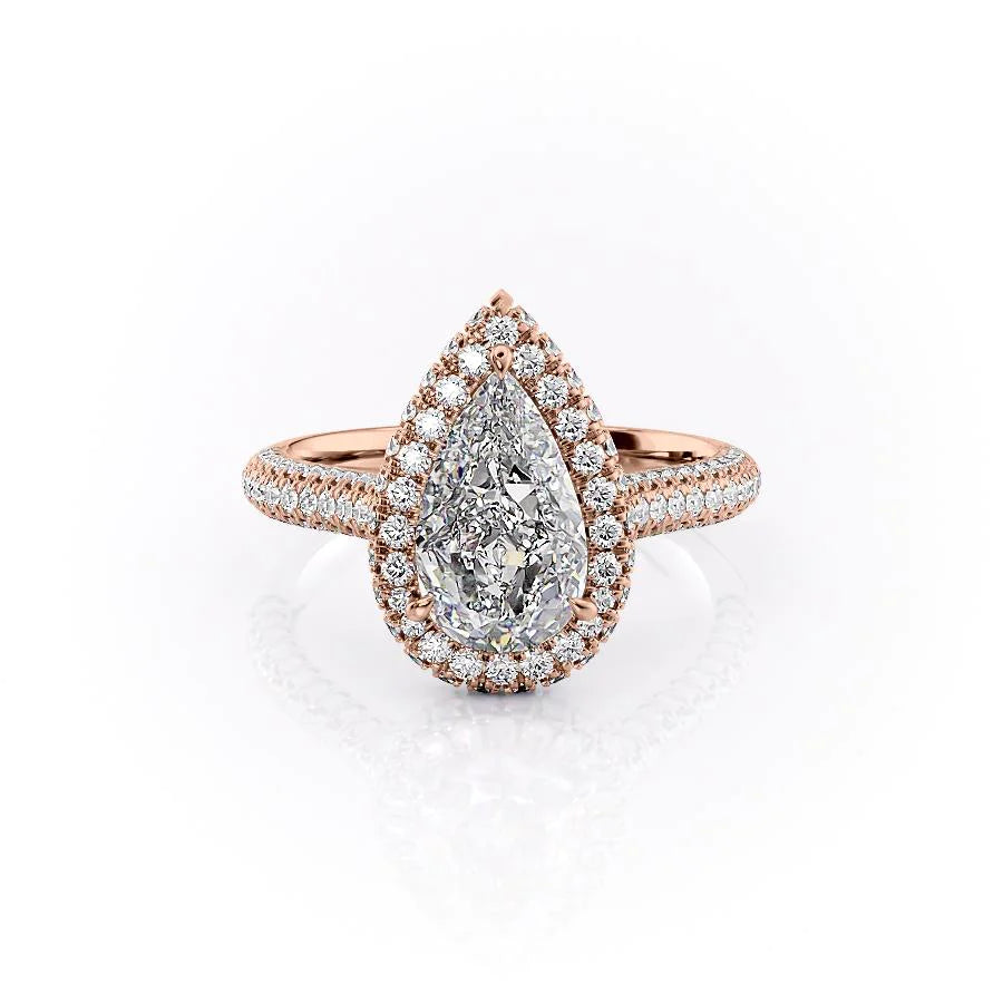 The Kylie. A Rose Gold Halo, Pave Engagement Ring Set With A 2ct Pear Lab Grown Diamond. White Background.
