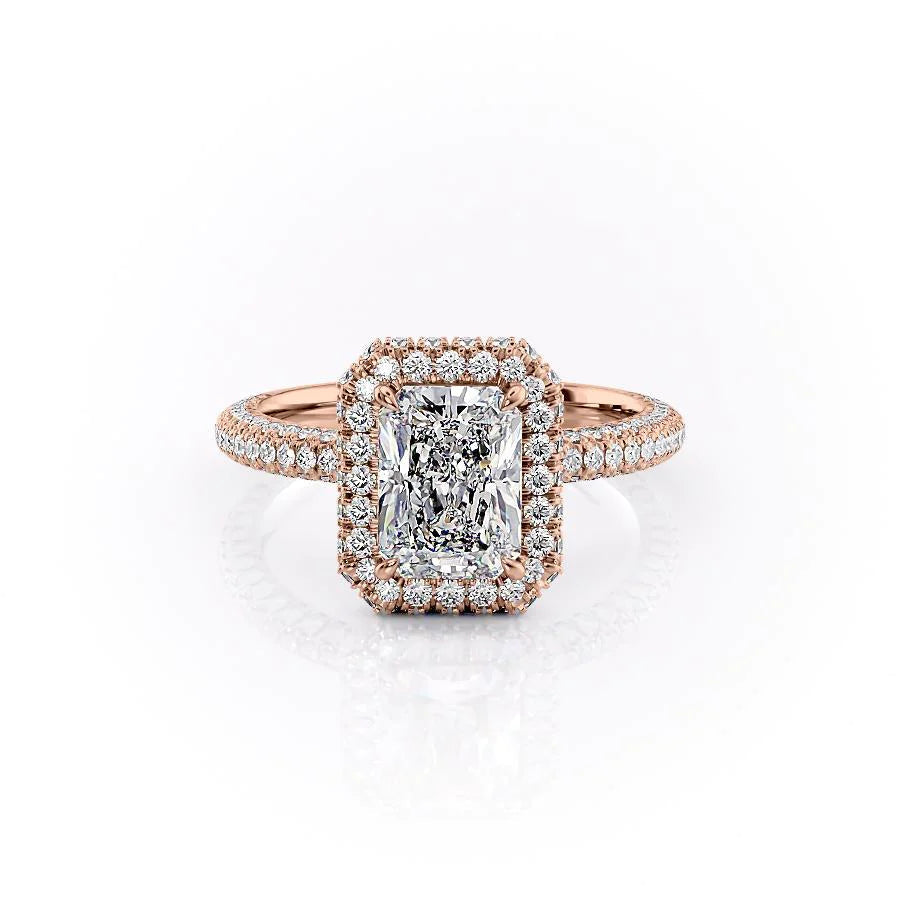 The Kylie. A Rose Gold Halo, Pave Engagement Ring Set With A 2ct Radiant Lab Grown Diamond. White Background.