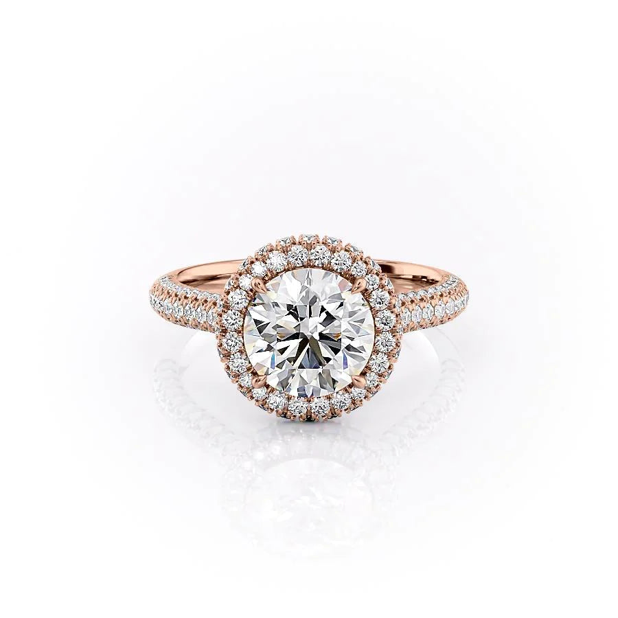 The Kylie. A Rose Gold Halo, Pave Engagement Ring Set With A 2ct Round Lab Grown Diamond. White Background.
