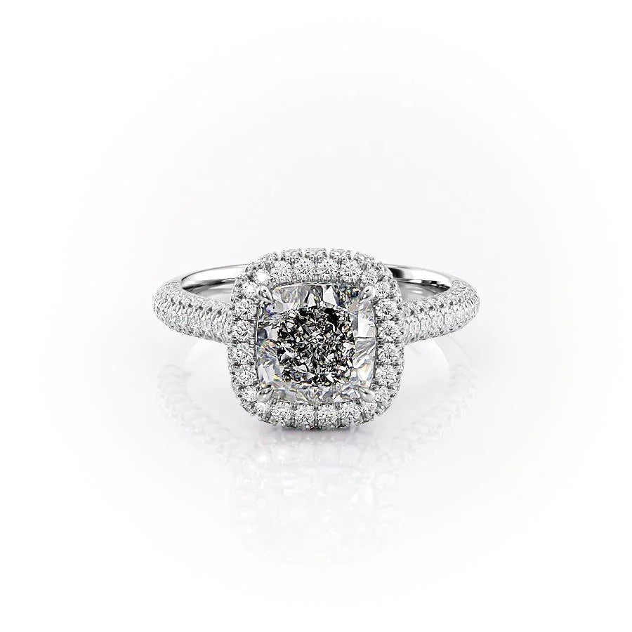 The Kylie. A White Gold Halo, Pave Engagement Ring Set With A 2ct Cushion Lab Grown Diamond. White Background.